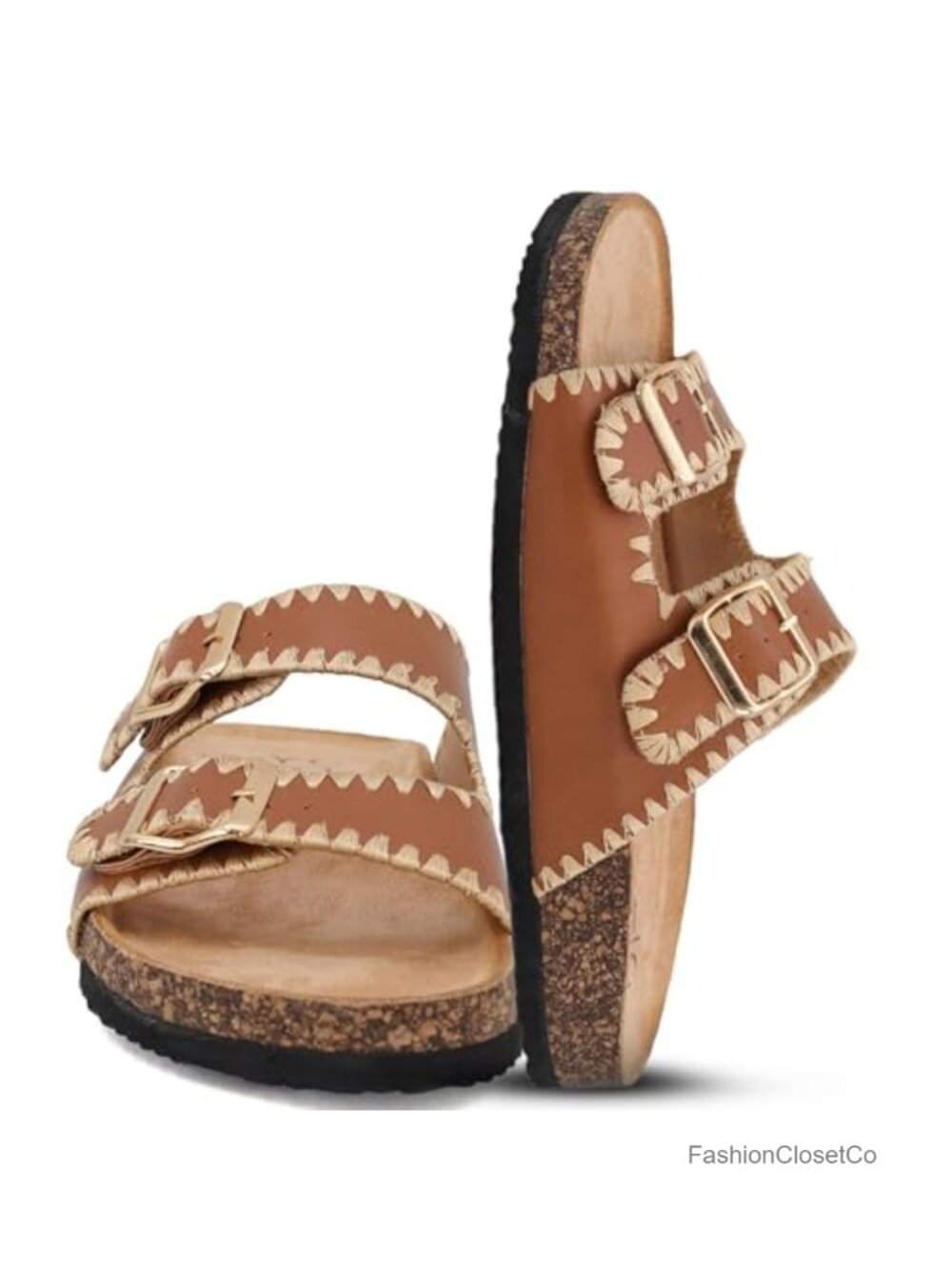 Faux Suede Double Buckle Slides Slingback Sandals Cork Sole Woven Stitch Flat